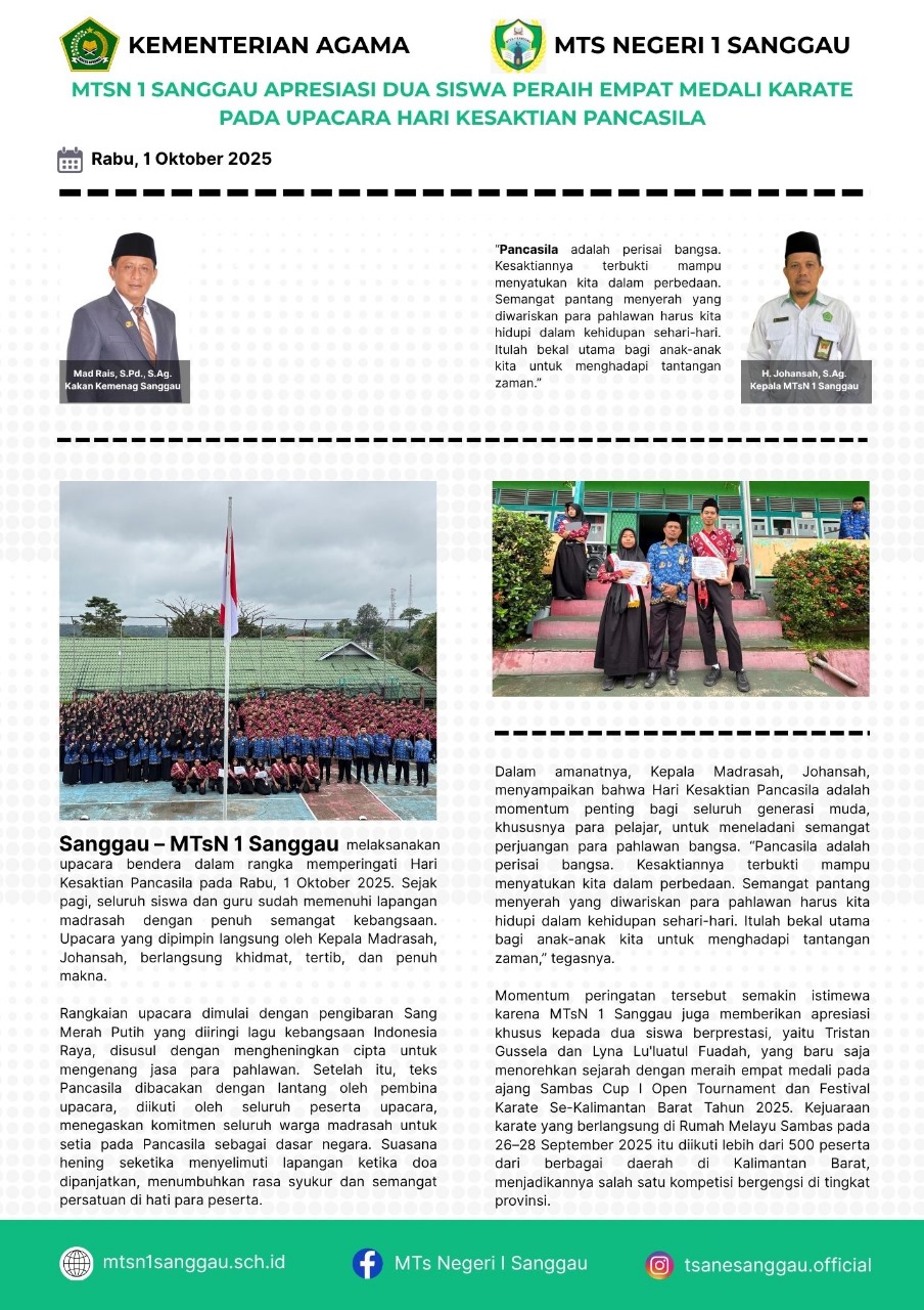 Read more about the article MTsN 1 Sanggau Apresiasi Dua Siswa Peraih Empat Mendali Karate Pada Upacara Hari Kesaktian Pancasila