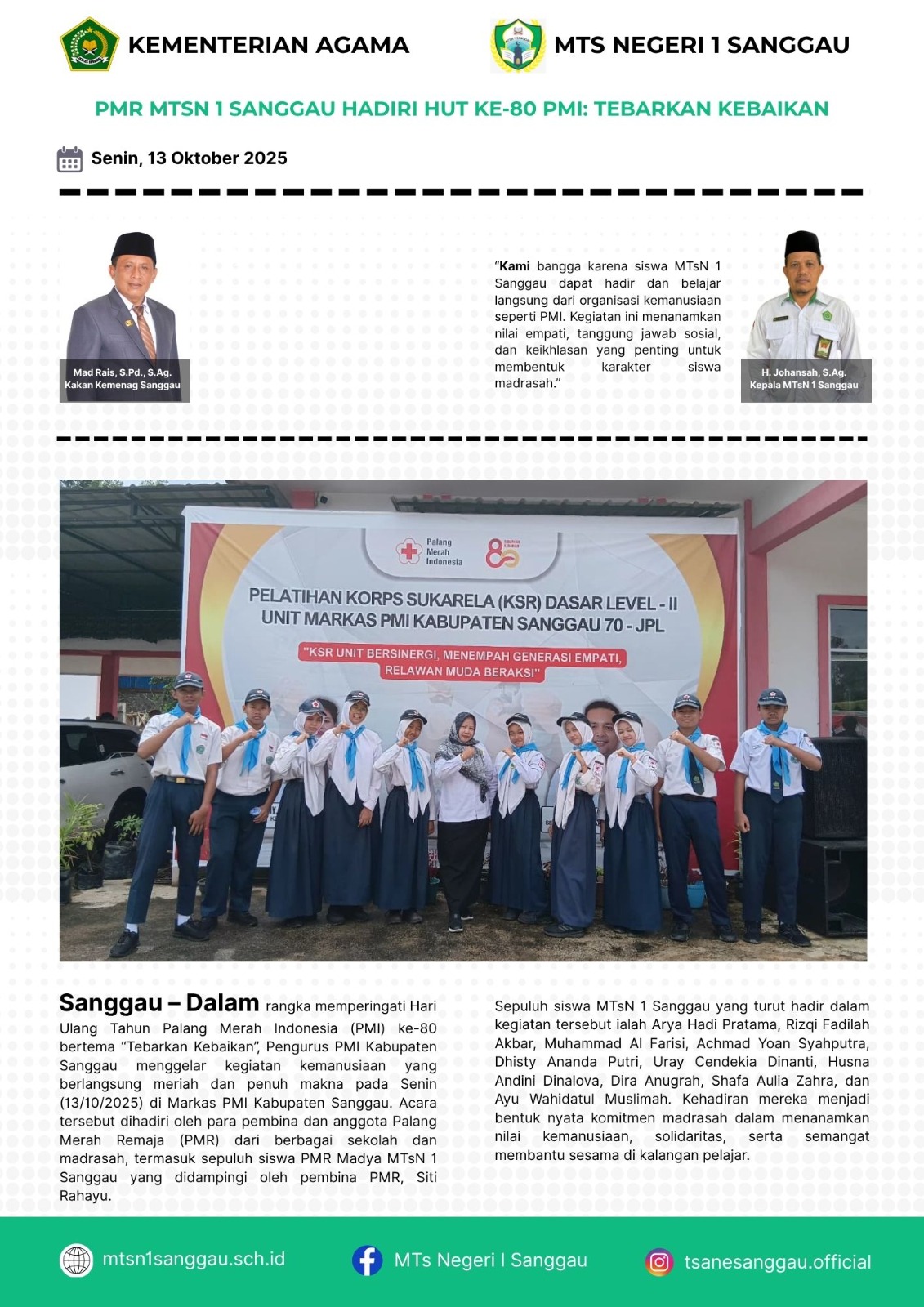Read more about the article PMR MTSN 1 SANGGAU HADIRI HUT KE – 80 PMI: TEBARKAN KEBAIKAN
