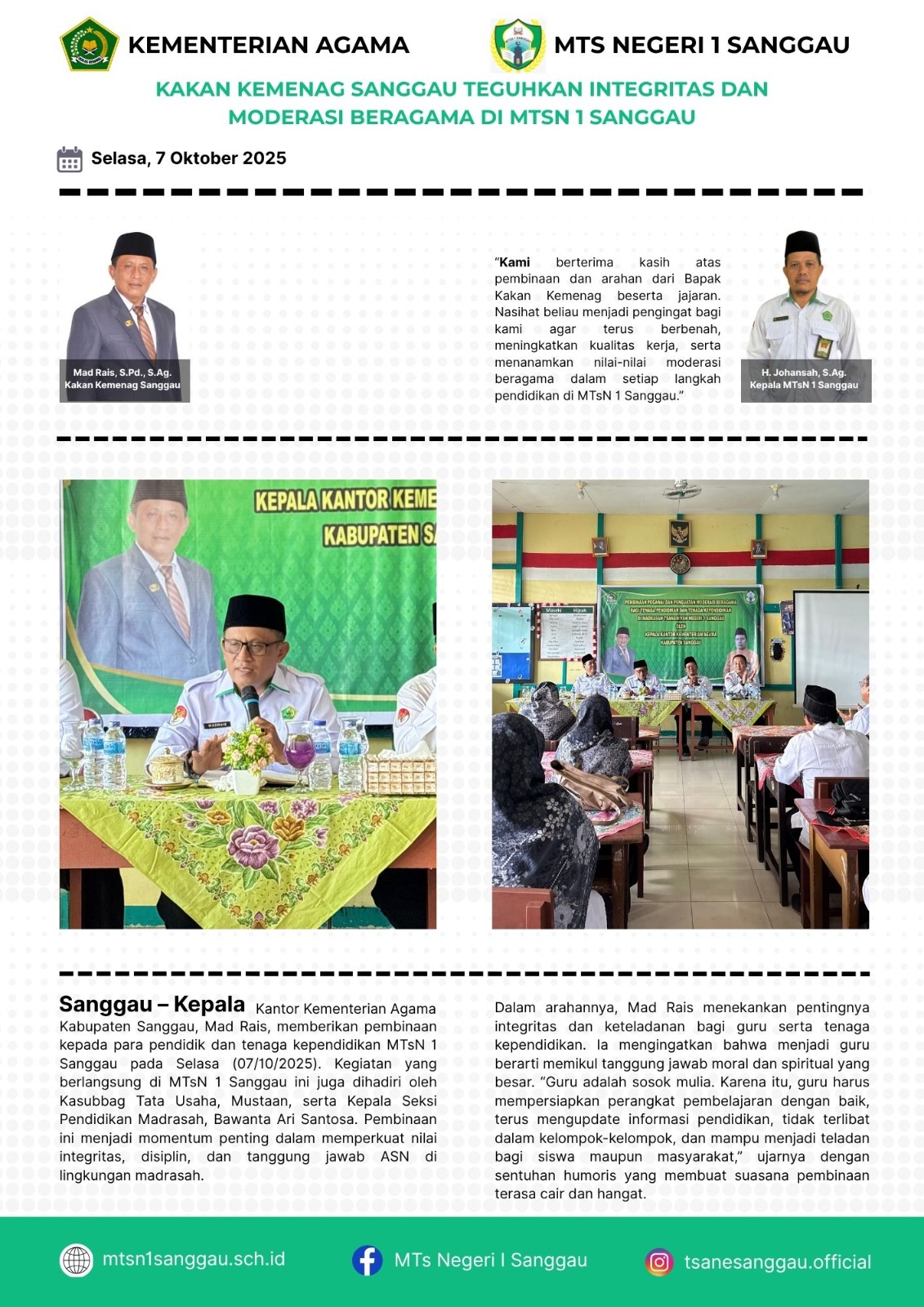 Read more about the article KAKAN KEMENAG SANGGAU TEGUHKAN INTEGRITAS DAN MODERASI BERAGAMA DI MTSN 1 SANGGAU