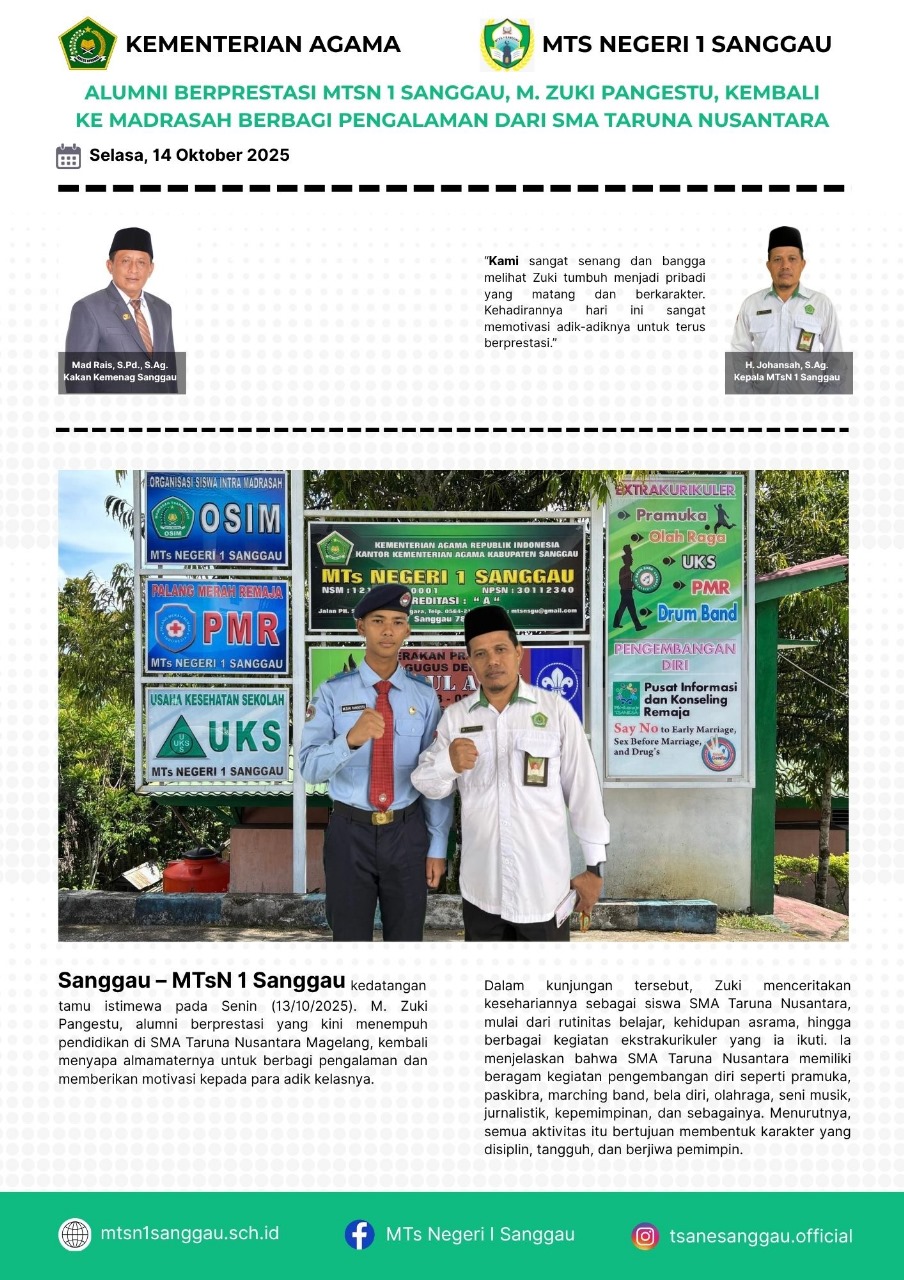 Read more about the article ALUMNI BERPRESTASI MTSN 1 SANGGAU, M.ZUKI PANGESTU, KEMBALI KE MADRASAH BERBAGI PENGALAMAN DARI SMA TARUNA NUSANTARA