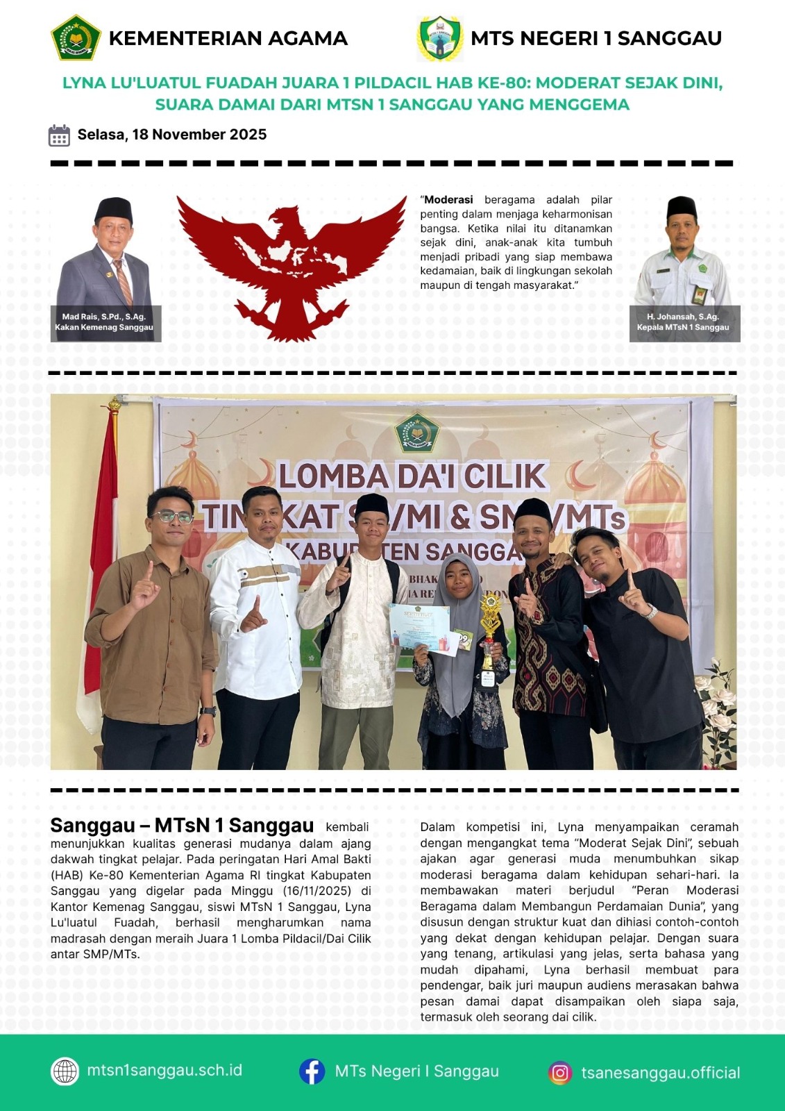 Read more about the article LYNA LU’LAUTUL FUADAH JUARA 1 PILDACIL HAB KE-80: MODERAT SEJAK DINI, SUARA DAMAI DARI MTSN 1 SANGGAU YANG MENGGEMA