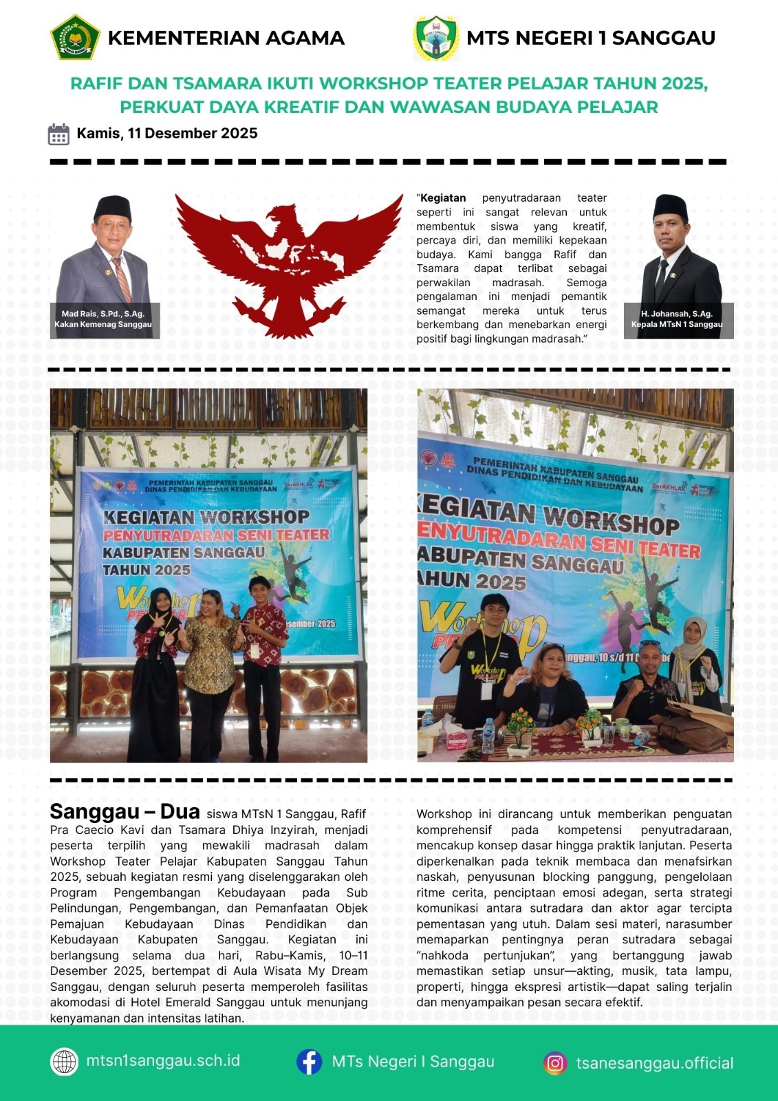Read more about the article RAFIF DAN TSAMARA IKUTI WORKSHOP TEATER PELAJAR TAHUN 2025,PERKUAT DAYA KREATIF DAN WAWASAN BUDAYA PELAJAR