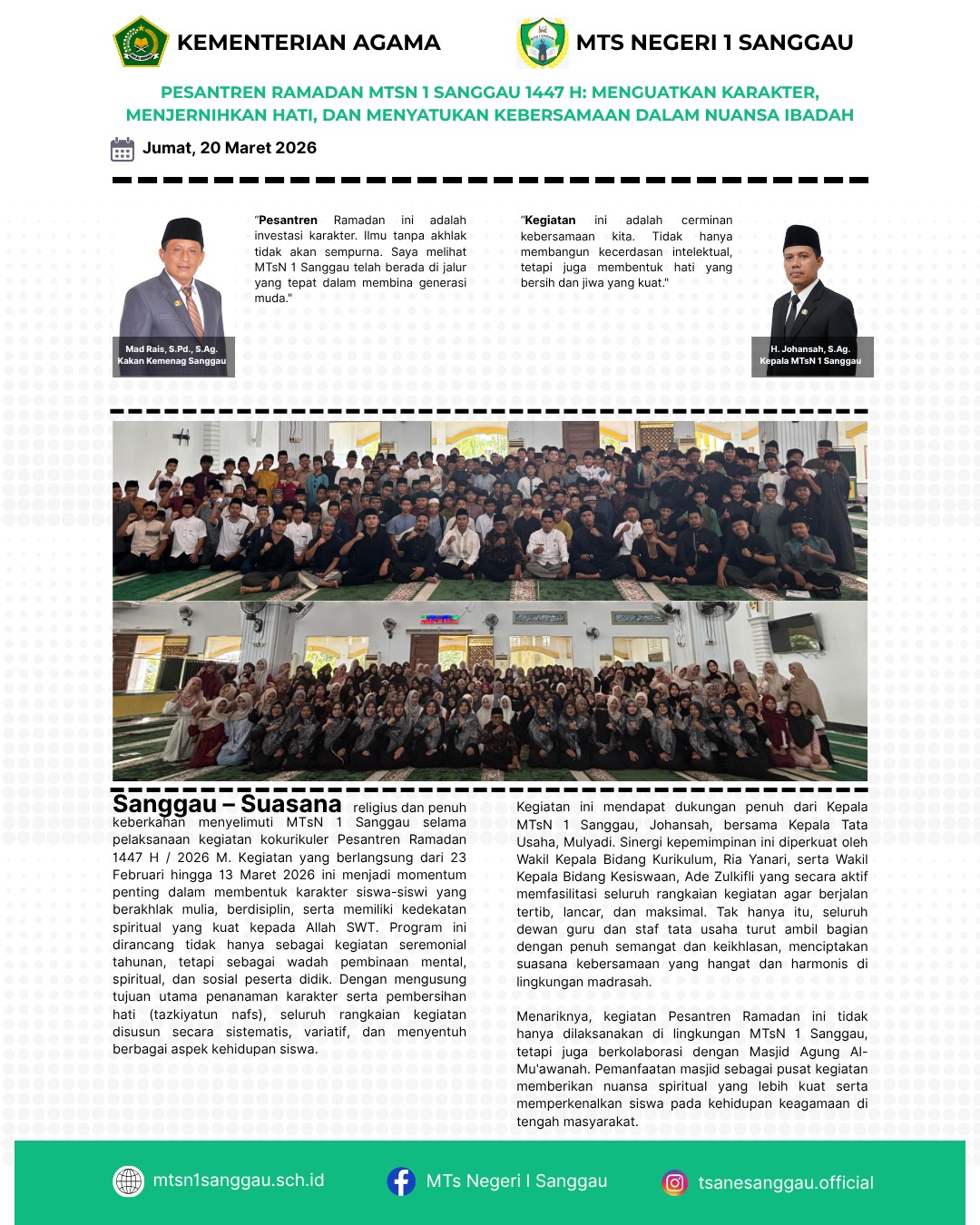 Read more about the article PESANTREN RAMADAN MTSN 1 SANGGAU 1447 H : MENGUATKAN KARATER, MENJERNIHKAN HATI, DAN MENYATUKAN KEBERSAMAAN DALAM NUANSA IBADAH