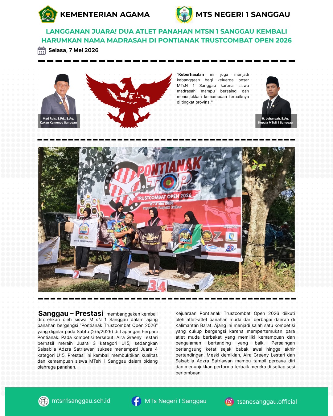 Read more about the article LANGGANAN JUARA! DUA ATLET PANAHAN MTSN 1 SANGGAU KEMBALI HARUMKAN NAMA MADRASAH DI PONTIANAK TRUSTCOMBAT OPEN 2026