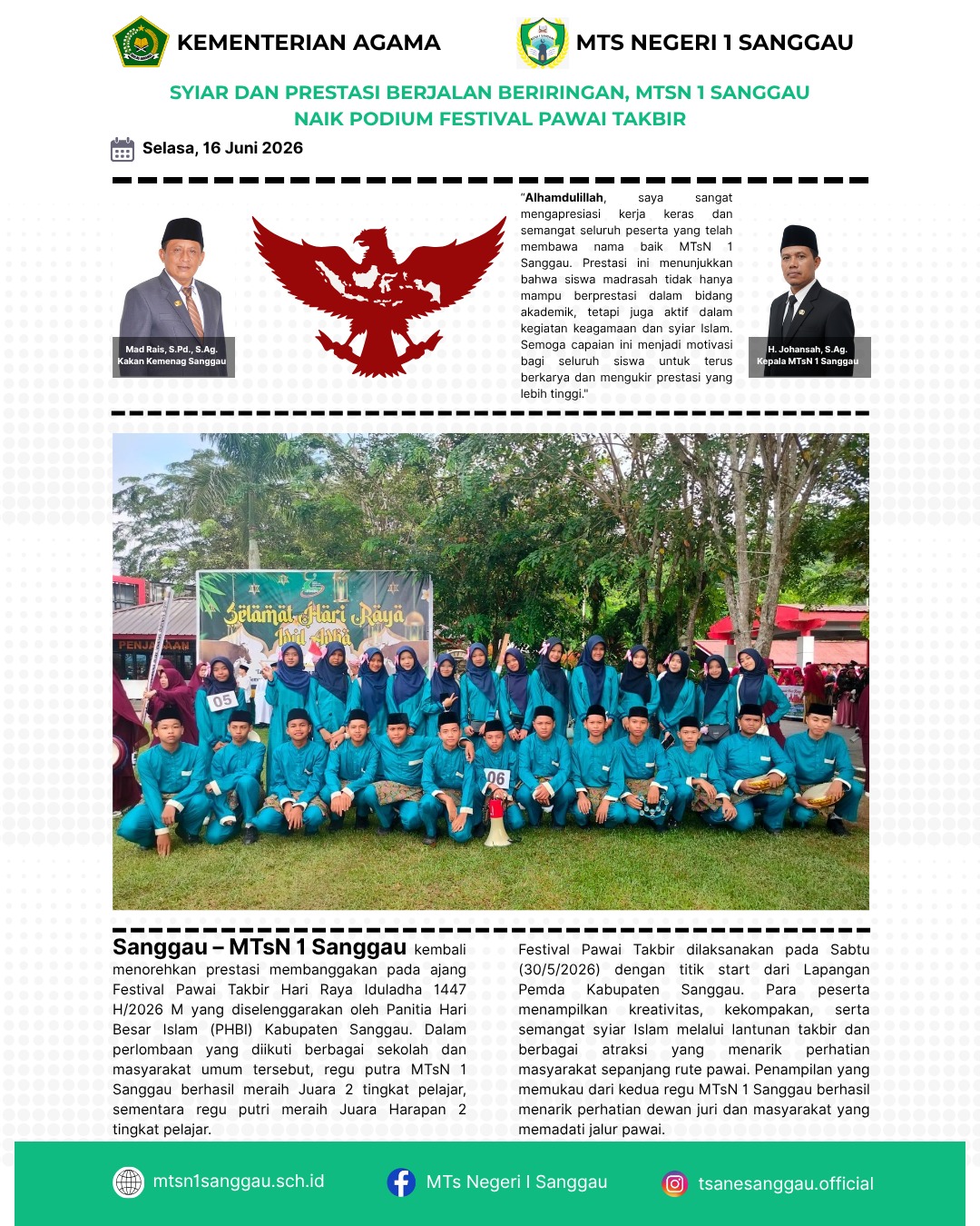 Read more about the article SYIAR DAN PRESTASI BERJALAN BERIRINGAN, MTSN 1 SANGGAU NAIK PODIUM FESTIVAL PAWAI TAKBIR