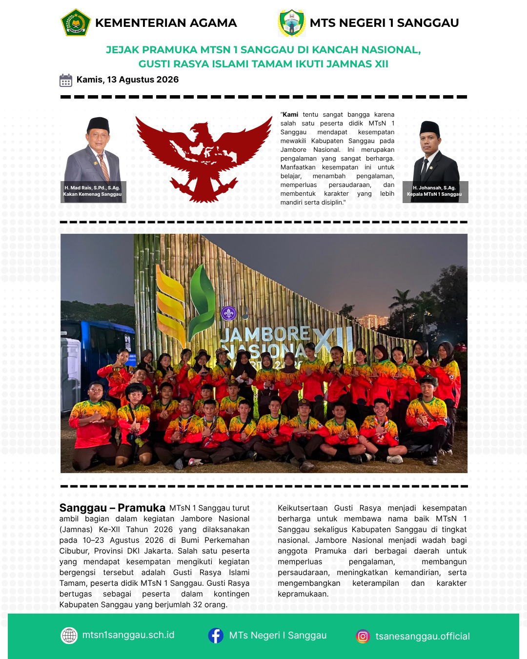 You are currently viewing JEJAK PRAMUKA MTSN 1 SANGGAU DI KANCAH NASIONAL, GUSTI RASYA ISLAMI TAMAM IKUTI JAMNAS XII