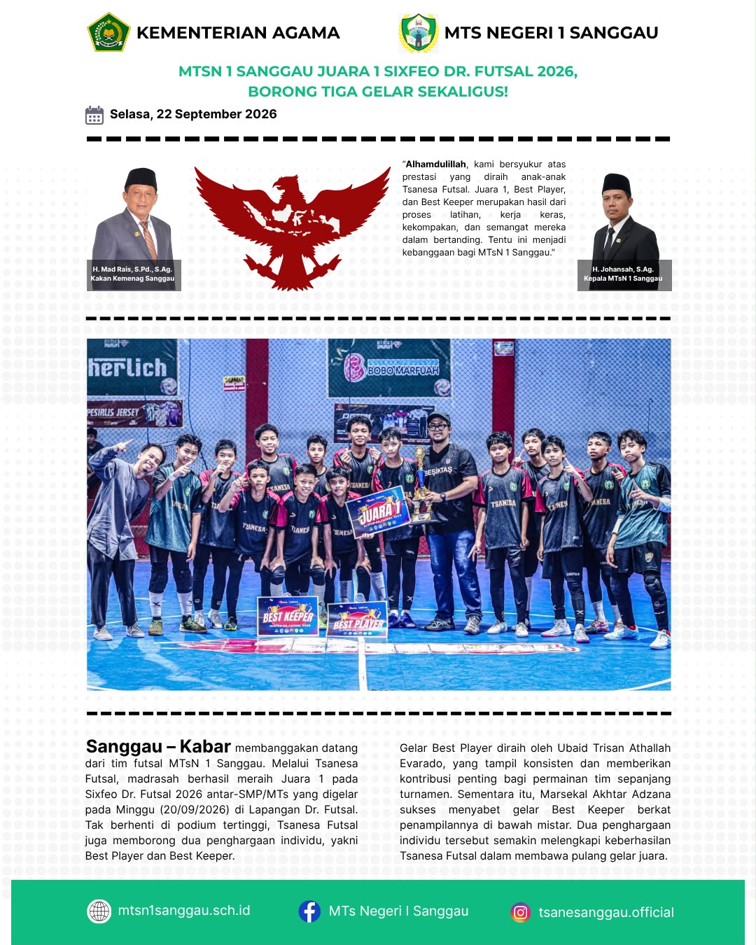 You are currently viewing MTSN 1 SANGGAU JUARA 1 SIXFEO DR. FUTSAL 2026, BORONG TIGA GELAR SEKLIGUS