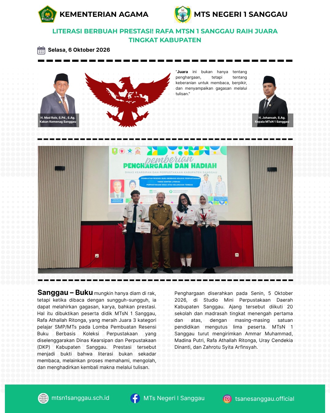 Read more about the article LITERASI BERBUAH PRESTASI! RAFA MTSN 1 SANGGAU RAIH JUARA TINGKAT KABUPATEN